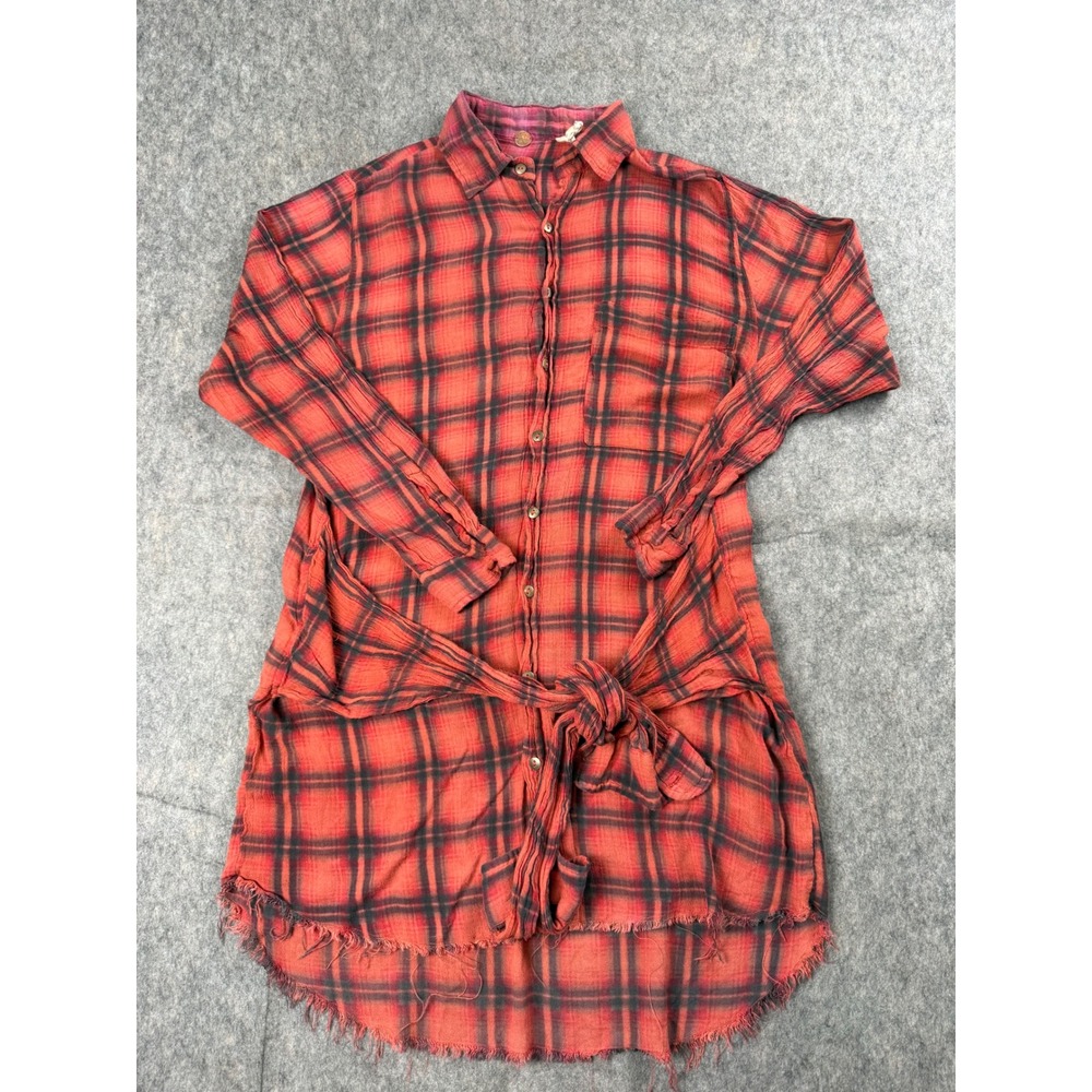 Free People FP One Shirt Dress Women Small Red Plaid Gauze Tie Waist Boho Grunge